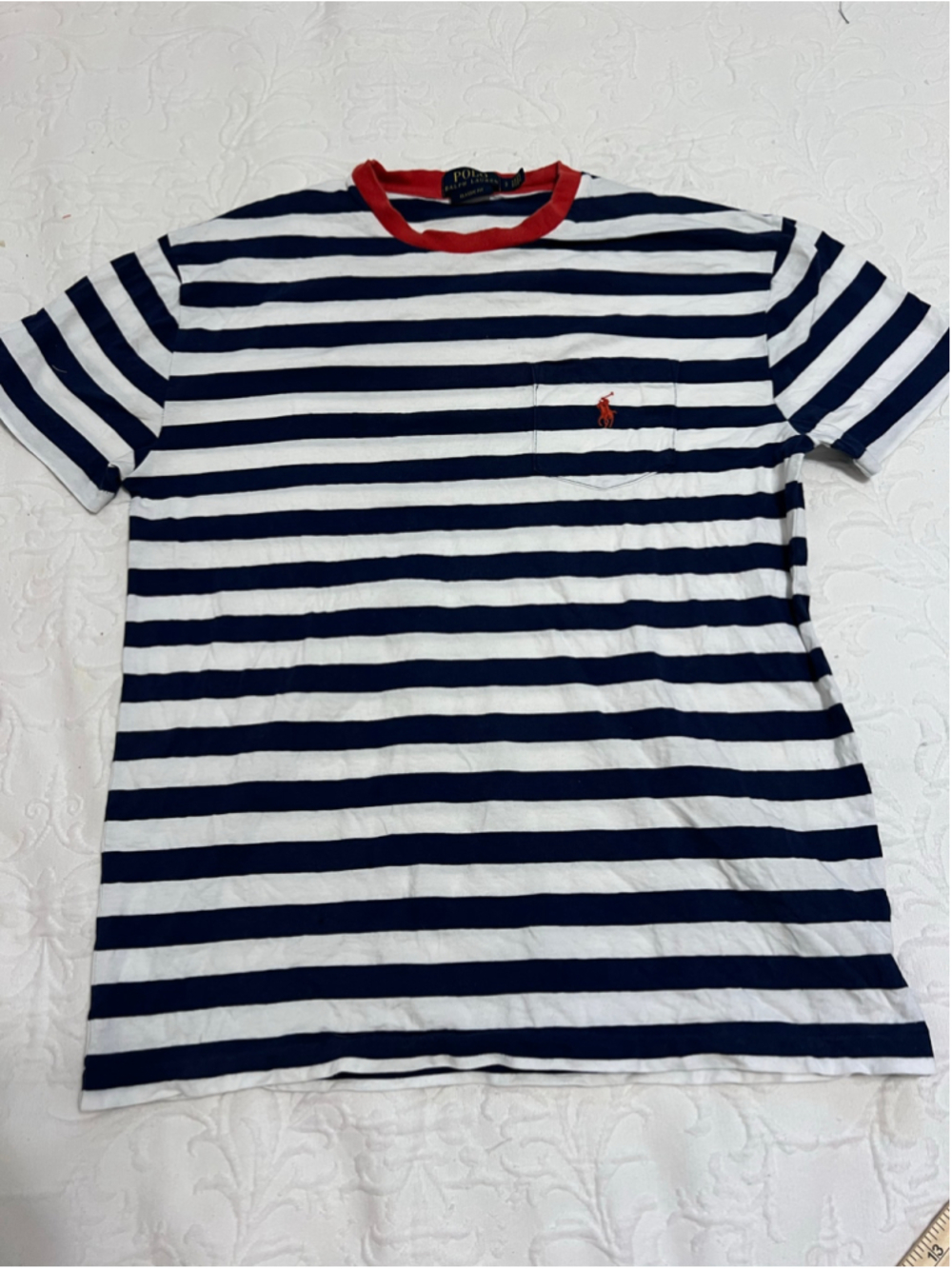 Men's Polo Ralph Lauren Striped Pocket T-Shirt, Size S, White/Navy with Red Trim